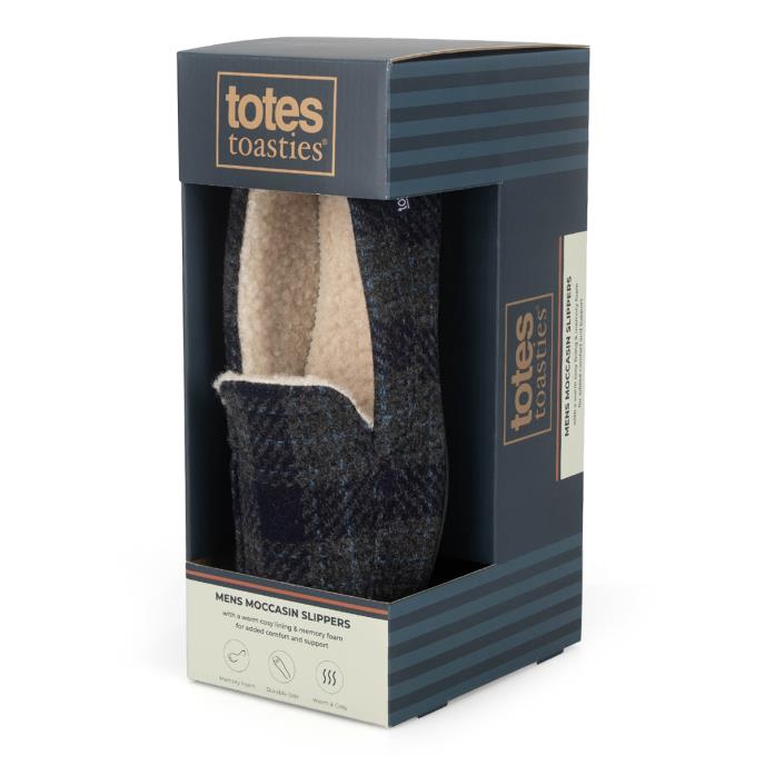 totes toasties® Mens Check Moccasin With Curly Fur Lining Navy Check Extra Image 1